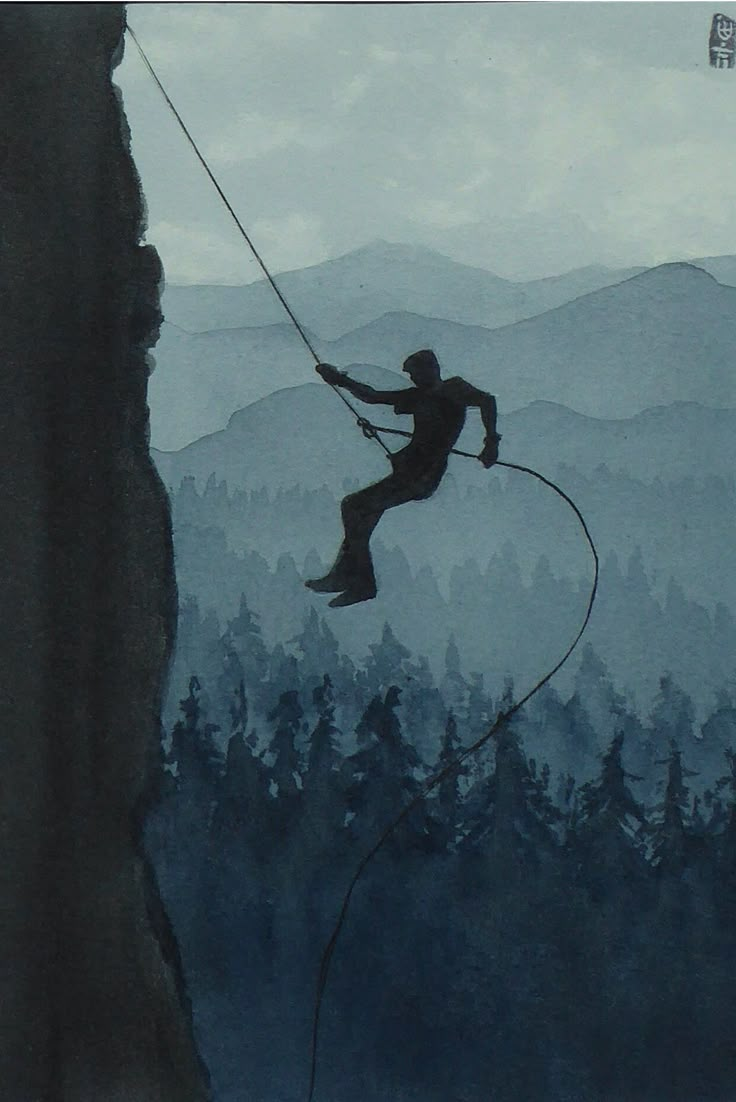 a painting of a man on a rope high up in the air with mountains in the background