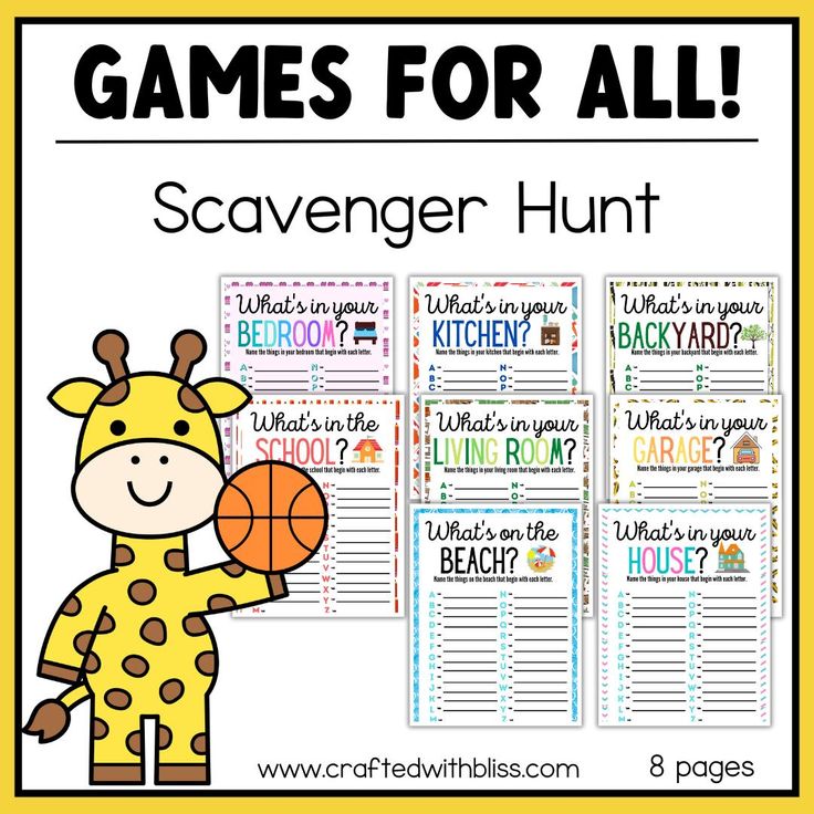 the game for all scavenger hunt with a giraffe holding a basketball