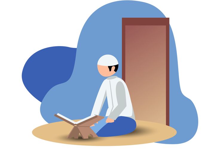 a person sitting on the ground reading a book in front of an open door with a blue background