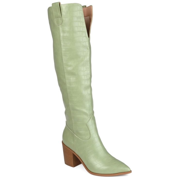 Are you a city or a country lover? Channel both with the Therese by Journee Collection. This pointed-toe boot with a block heel is the perfect way to finish your fall outfits. This look borrowed from the wild west features croc textured vegan leather and a 4 mm Tru Comfort Foam™ insole for a comfortable fit. At Journee Collection, our boot styles will have your outfit looking even better than before. They will give you that finishing touch that will have your outfit looking straight out of a mag Green Knee High Boots, Extra Wide Calf Boots, Heel Knee High Boots, Heel Boot, Pointed Toe Boots, Boot Style, Tall Boot, Pointed Heels, Wide Calf Boots