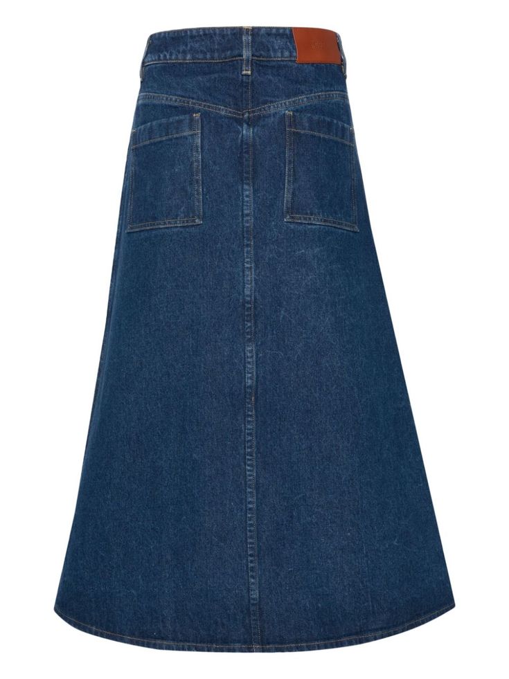 Studio Nicholson Baringo Denim Midi Skirt - Farfetch Denim Blue Denim Skirt With Patch Pockets, Medium Wash Denim Skirt With Patch Pockets, Denim Blue Recycled Denim Skirt With Pockets, Dark Wash Denim Skirt With Pockets In Recycled Denim, Dark Wash Recycled Denim Skirt With Pockets, Dark Wash Denim Skirt With Five Pockets, Dark Wash Denim Skirt With Pockets From Recycled Material, High Rise Dark Wash Denim Skirt With Pockets, Casual Dark Wash Recycled Denim Skirt