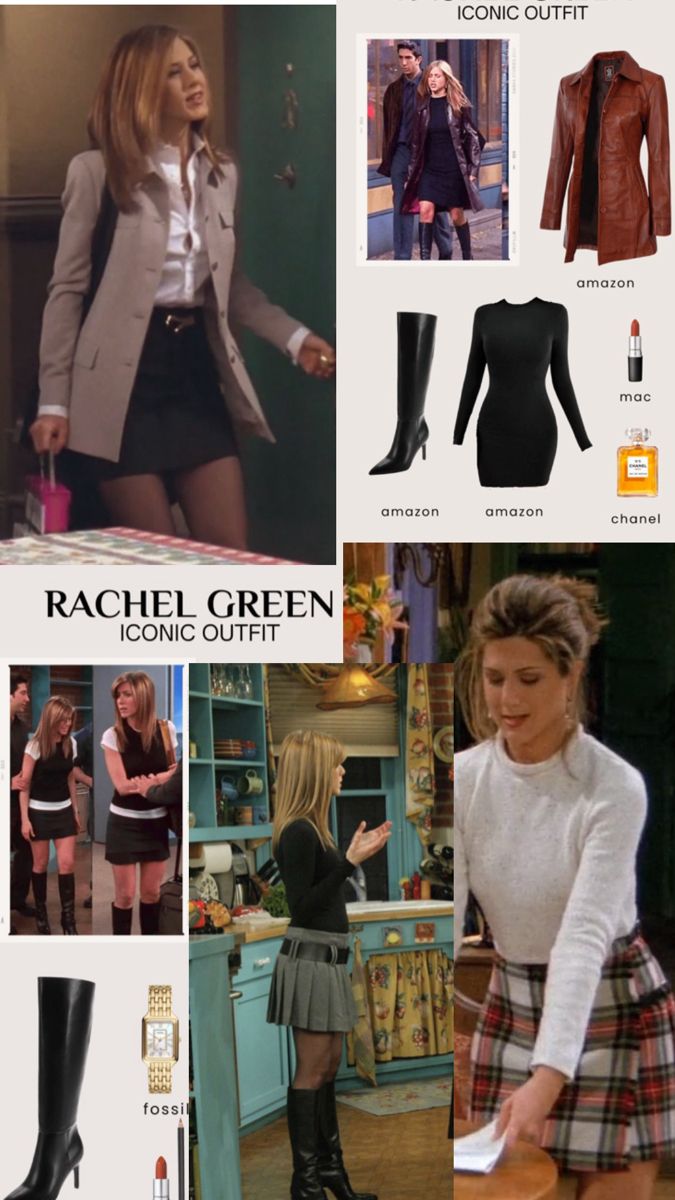 a collage of photos with women in skirts and high heeled boots, including an image of rachel green