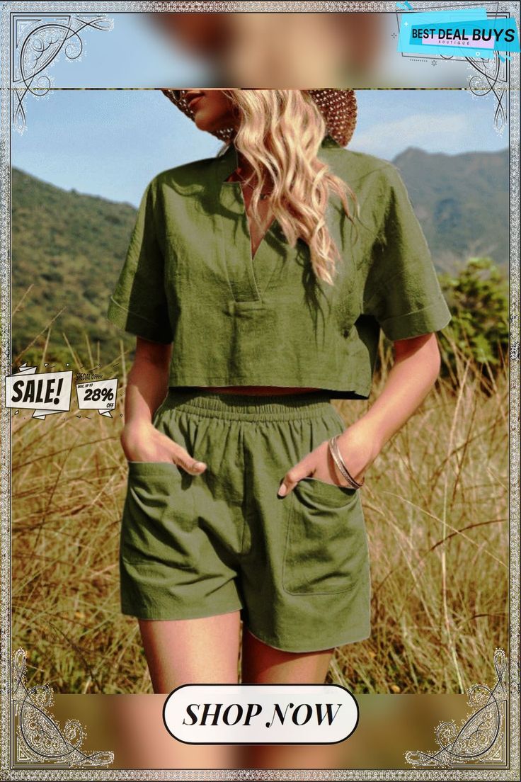 V-neck Solid Color Off-shoulder Top and Patch Pocket Shorts Fashion Casual Set V-neck Tops With Pockets For Vacation, Summer V-neck Top With Pockets, Khaki V-neck Top For Summer, Vacation Tops With Pockets And V-neck, Green V-neck Tops With Pockets, Green V-neck Top With Pockets, Shorts Fashion, Pocket Shorts, Casual Sets