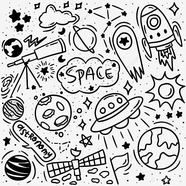 black and white space doodles with stars, planets, rockets, rocket ship