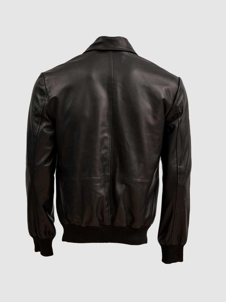 Pair this black beauty with a cool T-shirt and trim denim when you're going out for drinks with the buddies. You can carry it well with an oxford shirt and head to the office on a busy day. The threads and leather used in this jacket are premium quality to ensure that it will last for a lifetime. For all the bikers out there, we have added a rib knit waist and cuffs in the jacket to keep them protected against the crazy wind. Features Shirt style collar Front YKK zipper closure 2 side pockets Ri Urban Style Fitted Leather Jacket For Business, Masculine Black Leather Jacket For Work, Masculine Fitted Black Leather Jacket, Casual Collared Biker Jacket For Work, Black Leather Jacket With Double-needle Stitching, Classic Black Leather Jacket With Pockets, Casual Black Leather Biker Jacket, Black Casual Biker Jacket With Padded Collar, Casual Black Leather Jacket With Lapel Collar