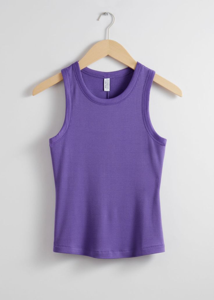 Tank top with a fitted silhouette.Length of top: 51.5cm / 20.3" (Size S) Stretch Ribbed Purple Tops, Stretch Purple Ribbed Tops, Purple Stretch Ribbed Tops, Purple Ribbed Stretch Top, Stretch Tank Tops For Fall, Summer Ribbed Purple Tops, Purple Ribbed Tops For Summer, Summer Purple Ribbed Tops, Purple Ribbed Summer Tops