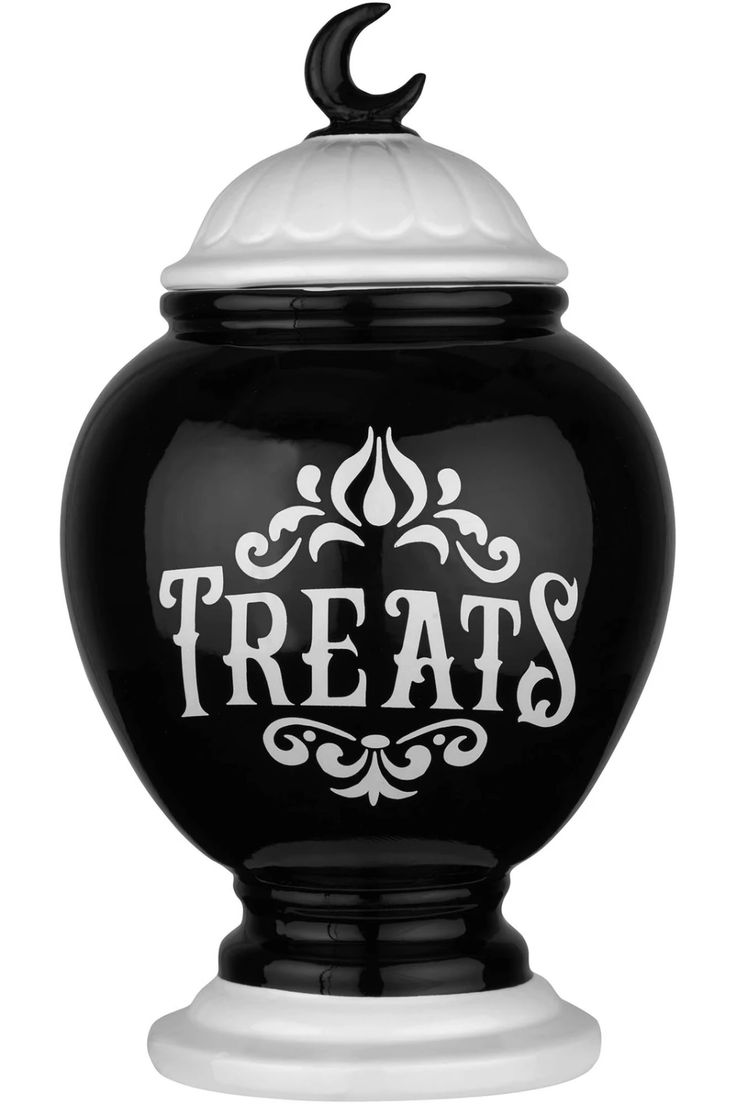 a black and white urn with the words treats on it