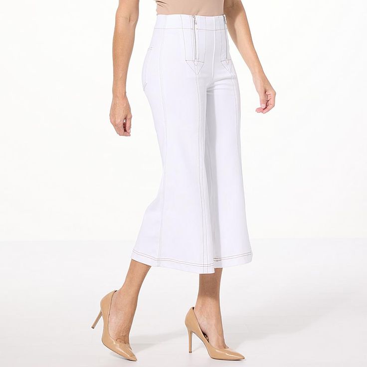 C Wonder by Christian Siriano Denim Flared Cropped Jean  A cropped fit makes this versatile, flared jean such a great choice for summer date nights and casual days, too. The super stretch denim with decorative zipper details provides an easy, stylish, flattering fit that's a breeze to wear. Summer Flare Jeans With Frayed Hem, Fitted Cropped Leg Flare Jeans, Stretch Cropped Bottoms With Frayed Hem, Summer Flare Pants With Frayed Hem, Spring Stretch Flare Jeans With Frayed Hem, High Rise Fitted Cropped Jeans For Spring, Spring Trendy Wide Leg Flare Jeans, Spring High-rise Cropped Jeans, Non-stretch Cotton Flare Jeans For Summer