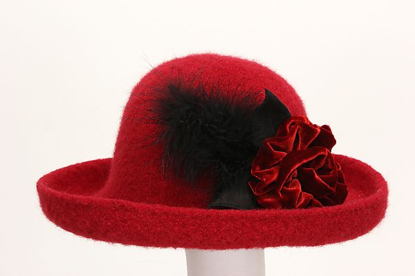 Brimmed Hat with Flower in Red: Tess McGuire: Felted Hat - Artful Home Elegant Handmade Fedora With Short Brim, Elegant Handmade Short Brim Fedora, Handmade Elegant Fedora For Kentucky Derby, Elegant Handmade Felt Fedora Hat, Party Fedora Hat In Felt, Elegant Red Felt Hat For Formal Occasions, Elegant Winter Felt Hat, Elegant Handmade Felt Hat With Short Brim, Elegant Fur Felt Cloche Hat For Kentucky Derby