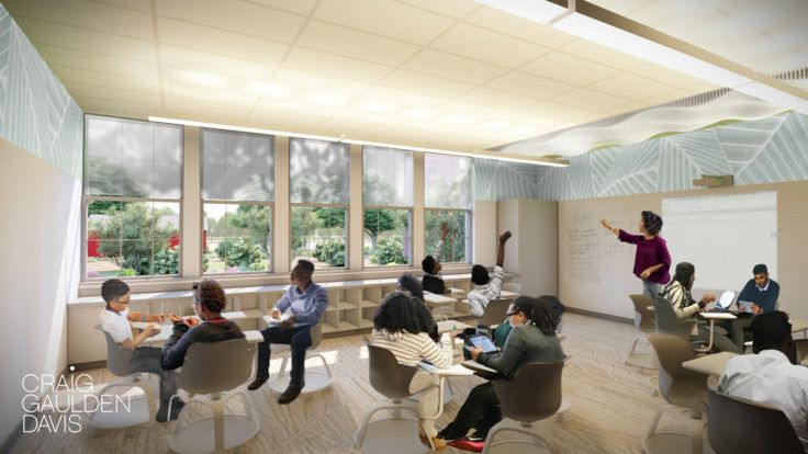 an artist's rendering of a classroom with people sitting in chairs and writing on the whiteboard