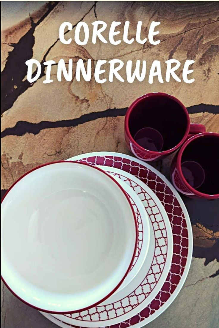 three red and white dishes with the words corelle dinnerware on top of them