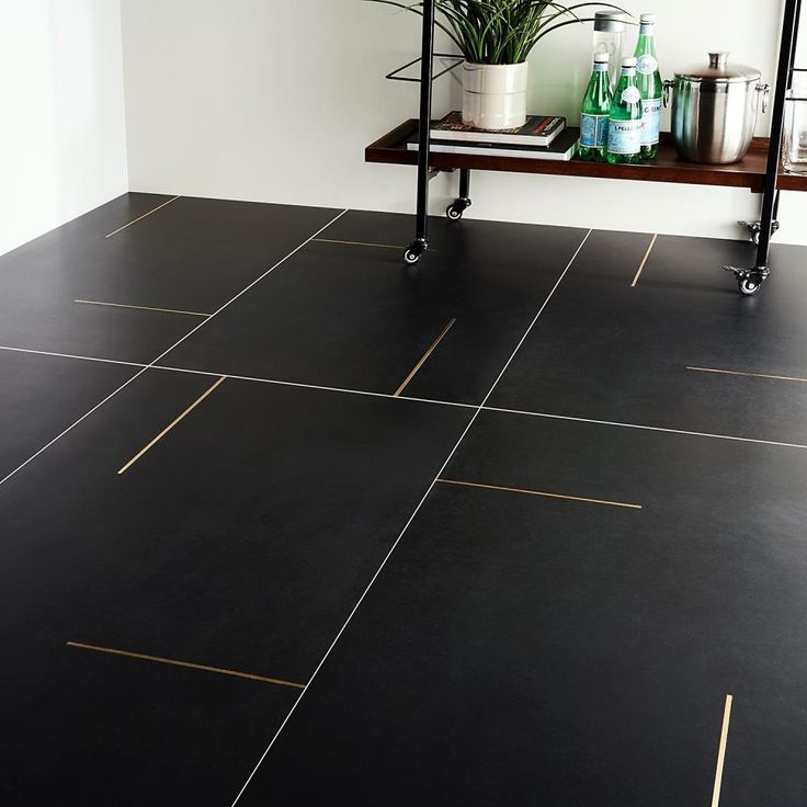 a black tile floor with gold lines on it and a potted plant in the corner