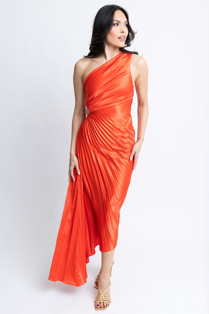 Tomato Flirty Evening Dress With Pleated Bodice, Glamorous Orange Prom Dress, Orange Dresses For Party During Prom Season, One Shoulder Pleated Bodice Dress For Party, Fitted Pleated One Shoulder Dress For Gala, Draped Cocktail Dress For Prom Season, Elegant Orange Maxi Dress For Date Night, Glamorous Orange Evening Dress, Flirty Pleated Cocktail Dress