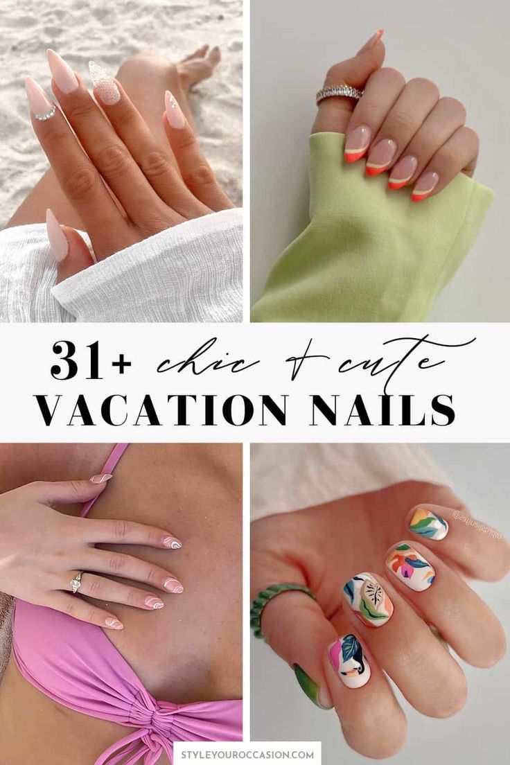 Looking for cute Vacation nails and design ideas? You’ll love this list of modern, chic ideas including tropical nails (Mexico trip!), beach nails, and other elegant nails. There’s also Disney nails, and ideas for a winter getaway too! With a variety of styles including coffin, almond shape, square, short long, acrylic, gel, and natural nails, this list has it all! Whether you want simple white nails or fun pink or blue, you’ll love this list for 2023! Nail Art Designs Extensions, Almond Nails Vacation Designs, Nail For Vacation Beach, Elegant Nails For Vacation, Nail Art Beach Vacation, Manicure Ideas For Beach Vacation, Beach Short Nails Vacation, Beach Vacation Acrylic Nails, Acrylic Nail Designs For Mexico