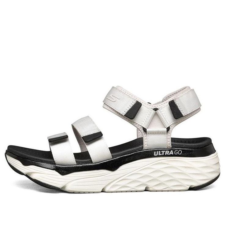 (WMNS) Skechers Max Cushioning Sandals White 140218-WHT (Women's) White Flat Platform Sport Sandals, Summer Slip-on Sport Sandals For Walking, Summer Walking Sandals In Synthetic Material, Synthetic Sandals For Walking In Summer, White Slip-on Sport Sandals With Removable Insole, White Sport Sandals For Beach, Sporty White Platform Sandals, Outdoor White Sport Sandals With Arch Support, White Flat Sandals With Arch Support