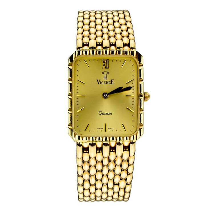 Vicence 14k yellow gold bracelet watch with a quartz movement, a champagne dial and gilt baton indexes. The bracelet features a fold-over clasp. Measurements: 0.78" (20mm) width, 8.0" (20.3cm) length. No warranty, sold as is. Circa 2000s. Designer Luxury Yellow Gold Watches, Luxury Heirloom Yellow Gold Jewelry And Watches, Luxury Yellow Gold Watch Accessories For Gift, Luxury Collectible Yellow Gold Jewelry And Watches, Luxury Yellow Watch Accessories, Luxury Art Deco Yellow Gold Jewelry And Watches, Luxury Self-winding Yellow Gold Watch Accessories, Luxury Yellow Gold Watch Accessories For Women, Luxury Designer Yellow Gold Jewelry And Watches