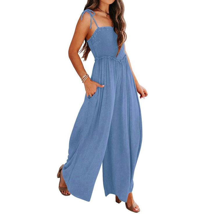 Features: The 2024 summer casual rompers with smocked bodice, square neck and tie knot adjustable spaghetti straps, sleeveless cami tank jumpsuit, sexy low cut on the back, ruffle elastic high waist, fit and flare jumpsuits, casual loose long pants rompers, 2 pockets on the side, classic plain solid color, dressy wide leg maternity rompers, summer outfits. Spaghetti strap design makes you look sexy and wide legs make you look thinner. Casual Summer Rompers, Jumpsuits Summer, Summer Jumpsuit Casual, Maternity Romper, Jumpsuits Casual, Mini Jumpsuit, Romper Long Pants, Tank Jumpsuit, Maxi Jumpsuit