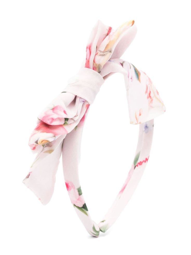 rose pink/multicolour chiffon all-over floral print oversize bow detail pull-on style Chic Satin Bow For Spring, Pink Ribbon Bow For Spring, Pink Bow For Spring Party, Adjustable Bow With Matching Headband For Spring, Spring Satin Bow Hair Accessories, Spring Hair Accessories With Satin Bow, Summer Bow Headband, Summer Decorative Bow Headband, Cute Pink Summer Bow