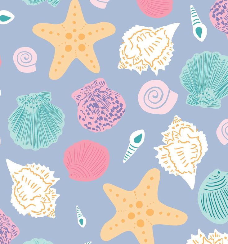 colorful sea shells and starfish on a blue background