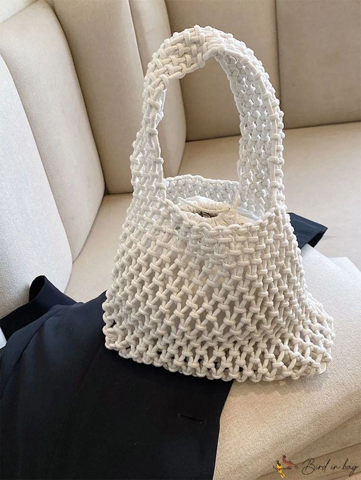 BirdinBag - Compact Coastal Tote: Stylish and Versatile Beach Vacation Bucket Bag Chic Handmade White Bucket Bag, White Square Bucket Bag For The Beach, White Square Bucket Bag For Beach, White Square Crochet Bag For Beach, White Handheld Crochet Bag For Beach, White Square Crochet Bag For Vacation, White Handheld Crochet Bag For The Beach, White Handheld Crochet Beach Bag, White Square Crochet Beach Bag