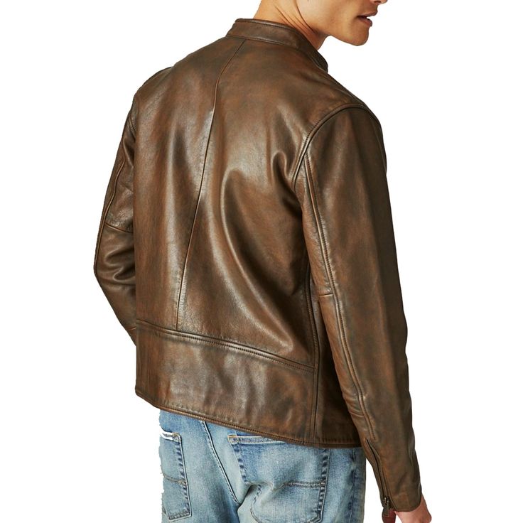 Men's Distressed Motorcycle Leather Jacket In Brown Embrace the road with the men's distressed motorcycle leather jacket in a rugged brown. This jacket is crafted from semi-aniline sheepskin leather, featuring a distressed vintage look for an authentic biker feel. It comes with a band collar, zip cuffs, and a secure zipper closure. Lined with soft viscose for comfort, it has one inside pocket and four exterior zip pockets, blending functionality with a classic motorcycle aesthetic. Outer Shell: Rugged Leather Biker Jacket, Distressed Brown Moto Leather Jacket For Biker Events, Distressed Brown Leather Jacket For Biker Events, Moto Style Distressed Brown Leather Jacket, Rugged Distressed Brown Leather Biker Jacket, Distressed Brown Leather Outerwear For Bikers, Distressed Brown Leather Outerwear For Biker Events, Distressed Brown Leather Moto Jacket, Rugged Distressed Brown Leather Jacket For Biker Events