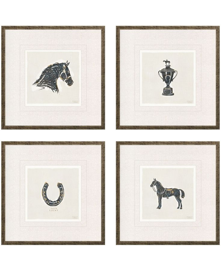 four framed pictures with horses and vases on them