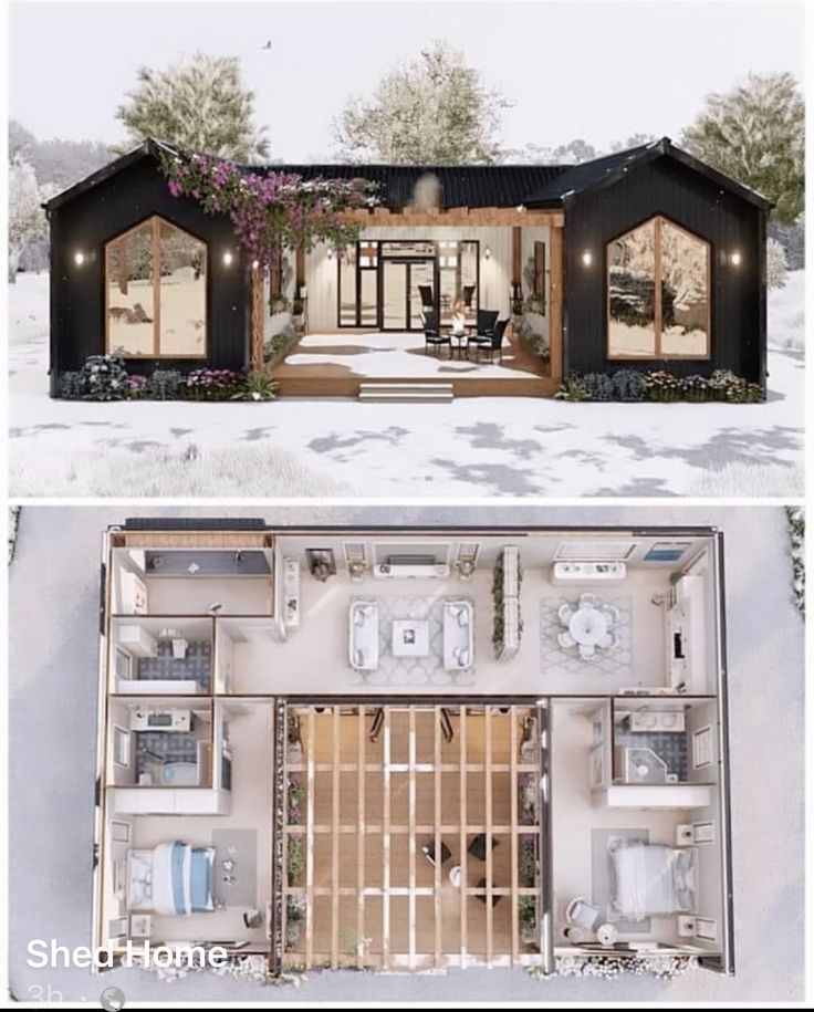 two pictures showing the inside and outside of a house with an open floor plan on each side