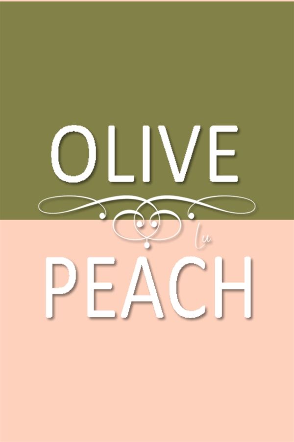 the words olive and peach are in white letters on green, pink, and beige background