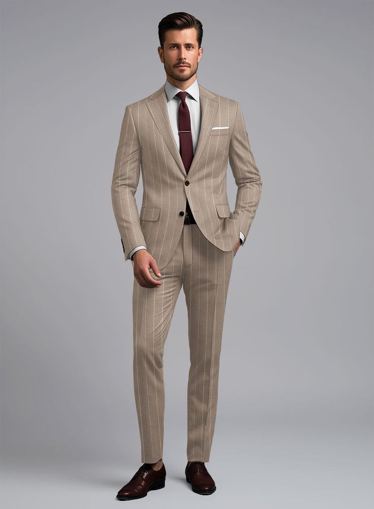 Nuzzle up the pinnacle of elegance with our London Loom Brown Stripe Wool Silk Linen Suit is crafted with the utmost care from a harmonious blend of luxurious wool, sumptuous silk, and airy linen. This ensemble showcases the zenith of refined taste, draped in a rich brown hue adorned with delicate stripes. Whether navigating important business meetings or gracing a glamorous soirée, this ensemble wraps you in an aura of unwavering confidence and enduring fashion.  The  London Loom Collection   masterfully blends the durability of wool, the luxury of silk, and the breathability of linen, reflecting the elegance of English tailoring. This fabric offers season-spanning comfort, refined drapes, and natural coolness. Woven with traditional expertise, it stands as a testament to quality, style, Elegant Wool Suits With Custom Fit, Elegant Custom Fit Wool Suit, Elegant Suits With Notch Lapel, Tailored Beige Business Sets, Elegant Tailored Three-piece Suit, Elegant Fitted Suit With Pressed Crease, Elegant Fitted Suits With Pressed Crease, Beige Wool Suits For Business Casual, Beige Wool Suit For Semi-formal Occasions