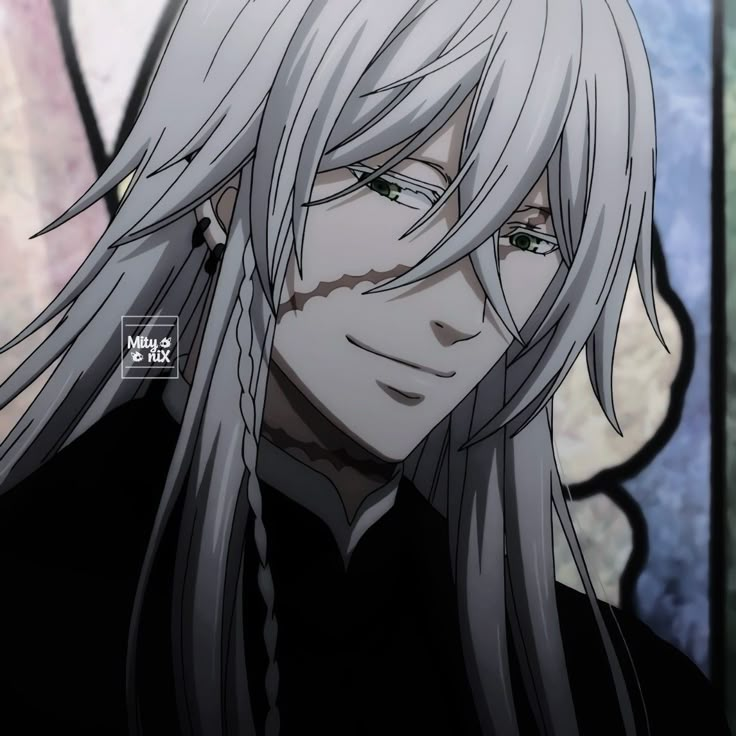 an anime character with long white hair and glasses on his face, looking at the camera