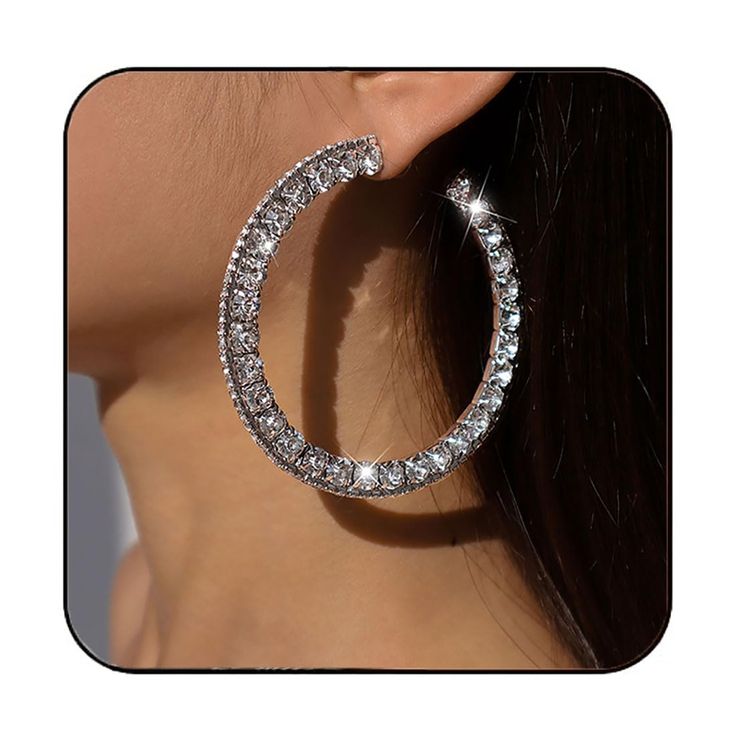 PRICES MAY VARY. Silver hoop earrings are made of good quality alloy and rhinestone,metal surface is well polished & beautiful finish,shine with beauty and elegance,doesn't turn your ear green at all.If you want to have a earring suitable for matching,this round earring is your ideal choice. Rhinestone hoop earring is comfy for ears and you can wear it for a long time without feeling the pressure by sparkle rhinestone earrings. Hoop earrings jewelry with an inner diameter of 6cm/2.36in, has silv Dazzling Cubic Zirconia Hoop Earrings With Rhinestones, Hoop Alloy Jewelry For Party, Silver Hoop Crystal Earrings For Anniversary, Diamond Rhinestone Hoop Earrings, Single Hoop Earring In Alloy For Parties, Diamond Hoop Earrings With Rhinestones, Glamorous Crystal Rhinestone Hoop Earrings, Glamorous Rhinestone Crystal Hoop Earrings, Party Hoop Alloy Jewelry