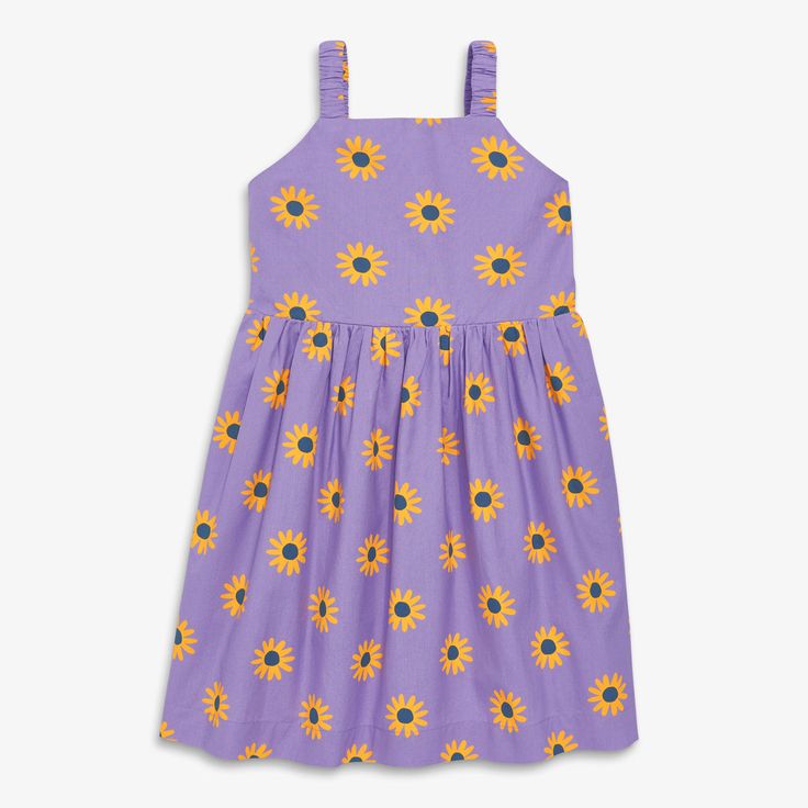 Woven tank sundress in sunflowers Summer Cotton Sundress With Adjustable Straps, Cotton Sundress With Adjustable Straps For Summer, Playful Floral Sundress For Summer, Playful Floral Print Sundress For Summer, Cotton Sundress With Adjustable Straps For Vacation, Summer Vacation Sleeveless Cotton Dress, Summer Sleeveless Printed Dress For Garden Party, Summer Sleeveless Dress With Prints For Garden Party, Playful Spring Sundress For Day Out