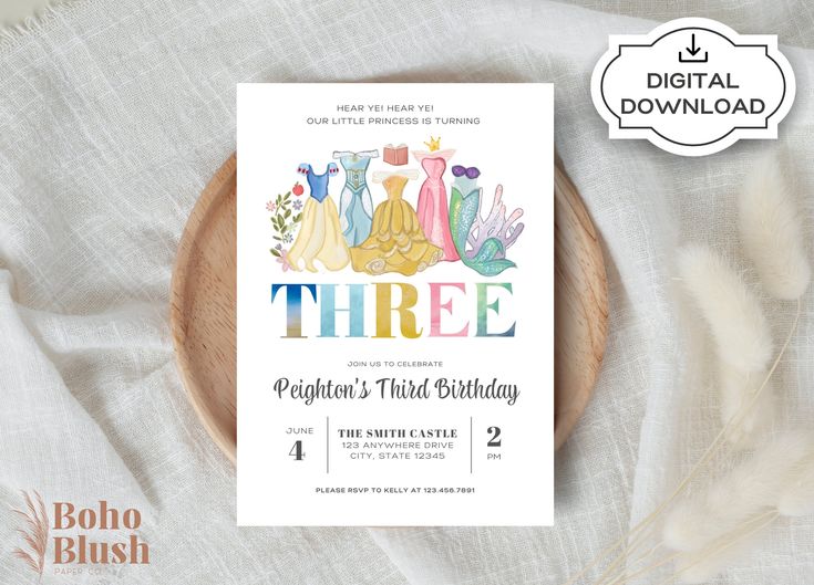 the three princesses birthday party card is shown on top of a plate with feathers