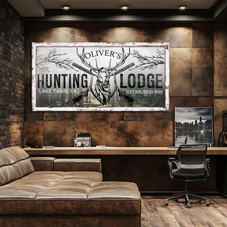 a hunting lodge sign hangs above a leather couch