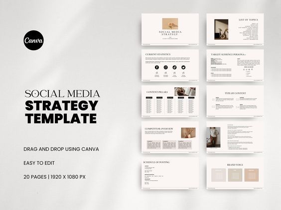 the social media strategy template is displayed on a white background with black and gray accents