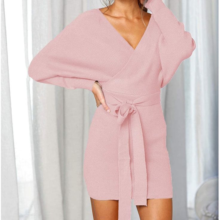 Pink Sweater Dress Never Worn Long Sleeve With Belt Feminine Winter Brunch Dresses, Long Sleeve Sweater Dress For Date Night In Spring, Pink Fitted V-neck Sweater Dress, Winter V-neck Sweater Dress For Brunch, Feminine Long Sleeve Winter Mini Dress, Feminine Long Sleeve Mini Dress For Winter, Feminine Pink Mini Dress For Winter, Pink Mini Dress For Winter Date Night, Feminine V-neck Winter Dress