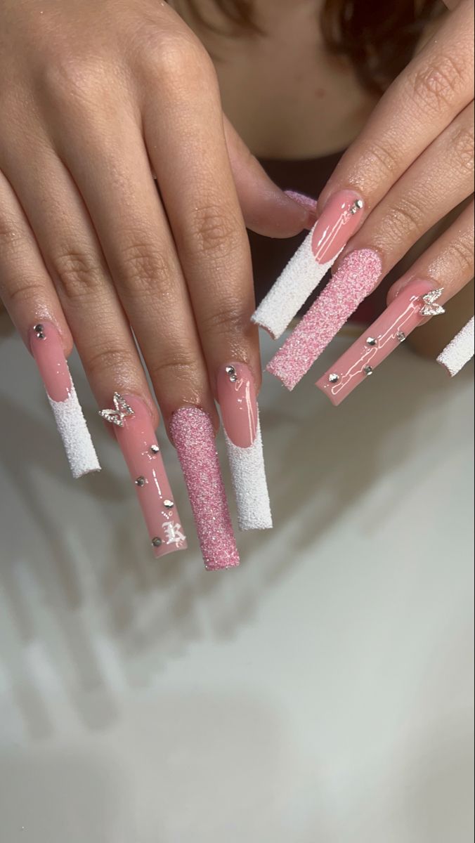 Butterfly Nails With Gems, Butterfly Diamond Nails, Pink Nails With Butterfly Charm, Sugar French Tip Nails, Nails With Butterflies Charm, Sugar Nails Acrylic, Charm Nail Designs, Butterfly Gem Nails, Nails With Butterfly Charms