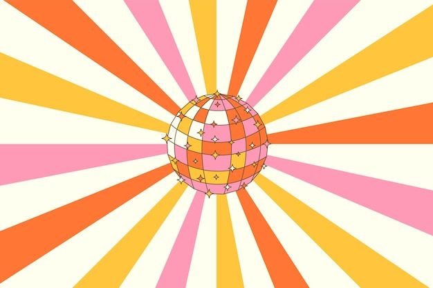 an orange, pink and yellow striped background with a small globe on the center surrounded by smaller circles