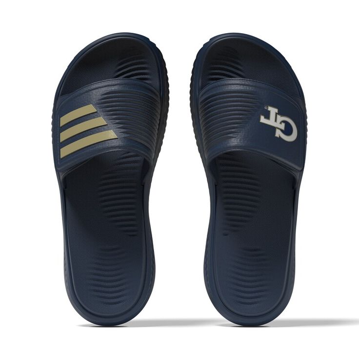 These Georgia Tech Yellow Jackets Alphabounce 2.0 Slide Sandals feature a lightweight yet supportive EVA outsole and soft foam lining for all-day comfort. The adjustable synthetic upper and contoured BOUNCE footbed provide a secure and comfortable fit. The striking Georgia Tech Yellow Jackets graphics ensure no one will question your team pride with these in your collection. Georgia Tech Yellow Jackets, Yellow Jacket, Georgia Tech, Slide Sandals, Comfort Fit, Adidas, Navy, Sandals