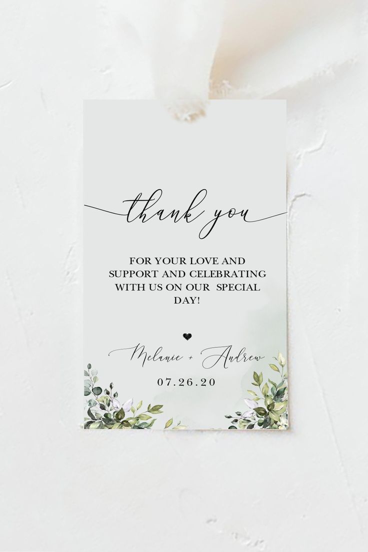 a white thank card with greenery on it and the words, thank you for your love and support