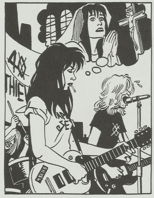 an old black and white drawing of two women playing guitars in front of a microphone