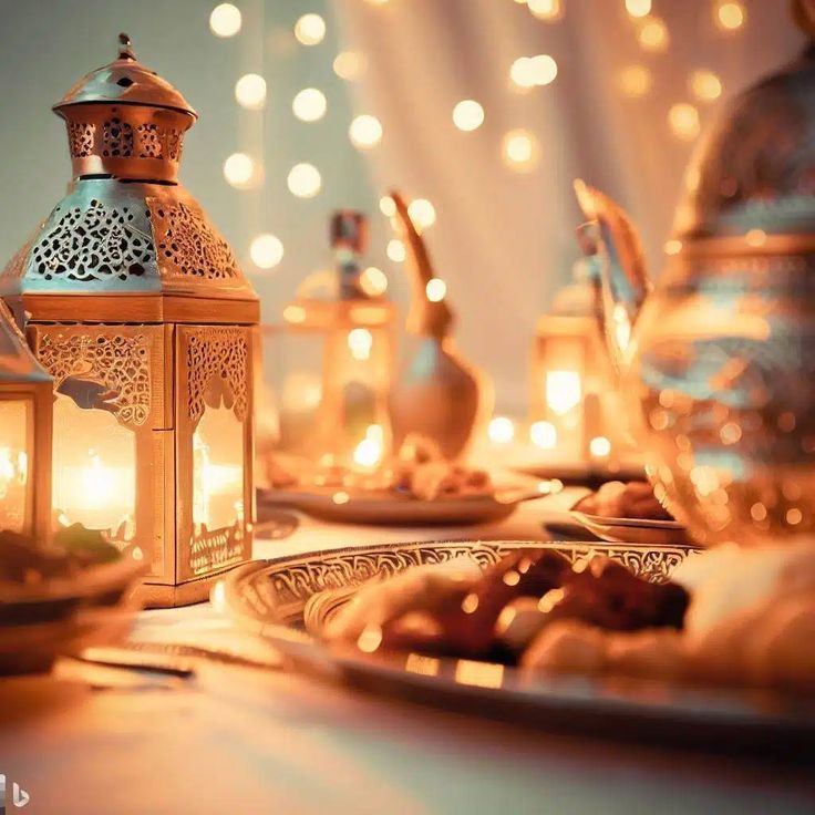 a table topped with lots of lit candles and plates filled with food on top of it