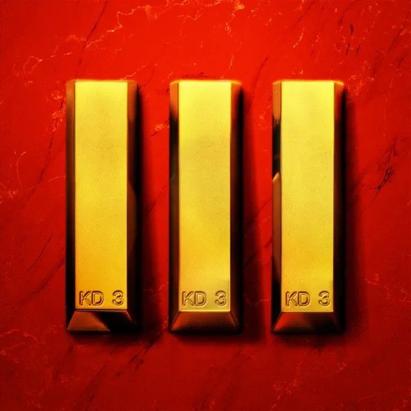 three shiny gold door handles on a red wall with the numbers 3, 2, and 3