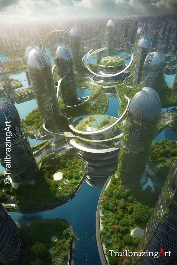 an aerial view of a futuristic city surrounded by greenery and trees, in the middle of a river