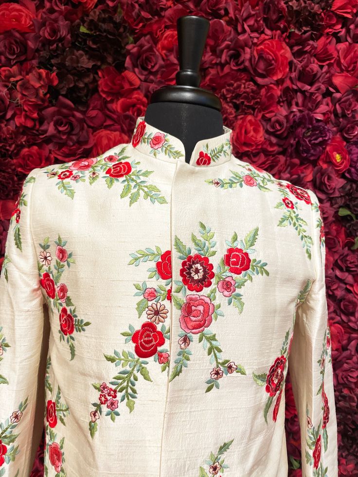 Color - Chiffron Off-White With Red Rose Embroided