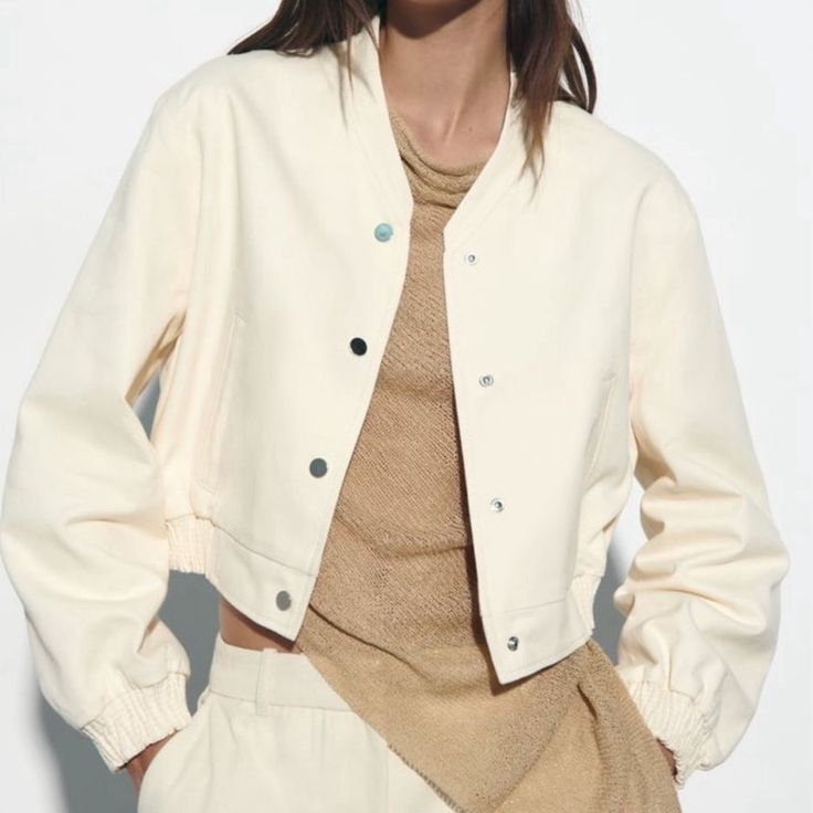 Questions? Leave A Comment Below! Chic Cream Cotton Outerwear, Casual Cream Cropped Jacket For Fall, Spring Beige Cropped Jacket With Long Sleeves, Trendy Beige Cropped Jacket For Spring, Cream Spring Outerwear With Pockets, Casual Cropped Jacket For Winter Day Out, Spring Cream Cropped Jacket With Pockets, Trendy Cream Outerwear For Spring, Casual White Cropped Jacket For Spring