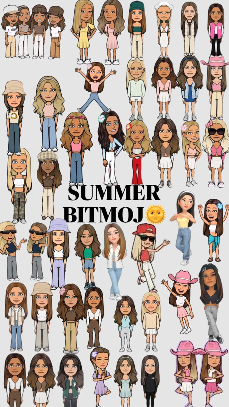 a bunch of cartoon people standing together in different colors and sizes, with the words summer bitmoj above them