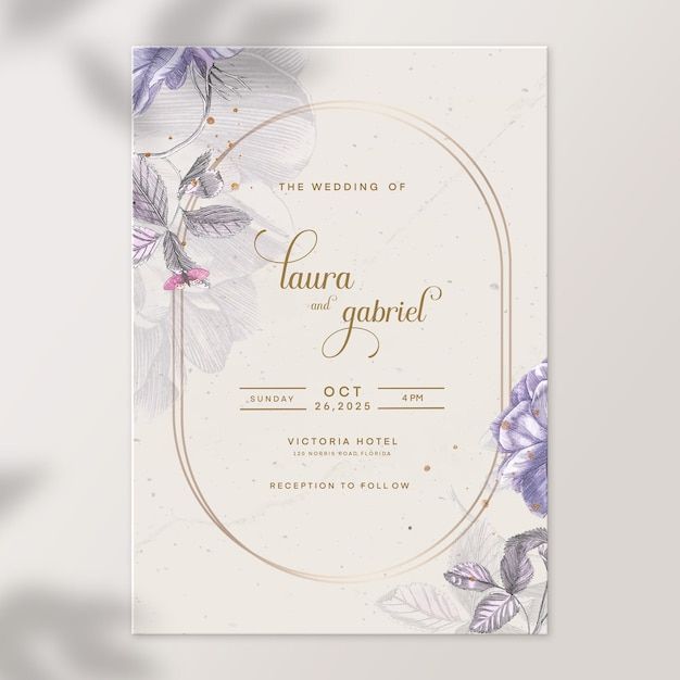 a wedding card with purple flowers and gold foil on the front, in an elegant frame