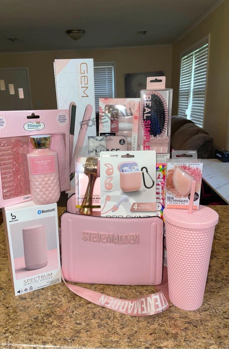 pink items displayed on counter in kitchen area