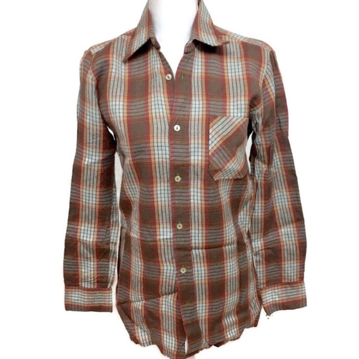 Nwt. 100% Polyester Bust Across The Front Is 19” Length Is 29.5” Classic Orange Tops For Fall, Classic Orange Top For Fall, Classic Orange Shirt For Fall, Fitted Casual Orange Shirt, Brown Plaid Shirt, Brown Plaid, Brown Orange, Plaid Shirt, Button Down Shirt